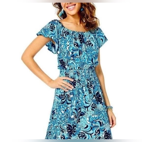Lilly Pulitzer Clarette Flutter Sleeve Dress Mermazing Blue Sz M Vacation $128 - Picture 1 of 14